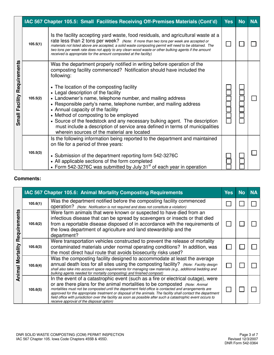 DNR Form 542-0364 Solid Waste Composting (Com) Inspection Form - Iowa, Page 3