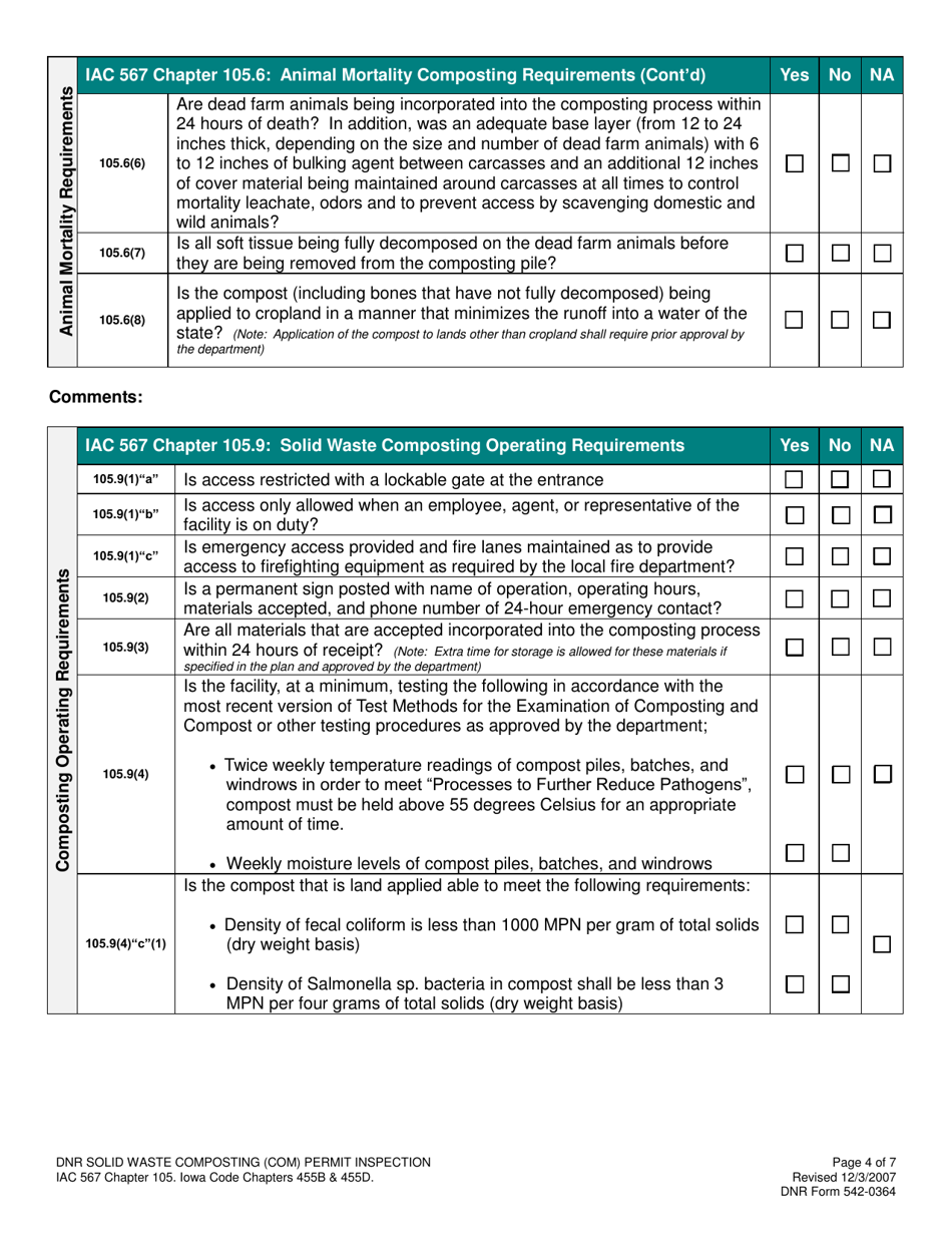 DNR Form 542-0364 Solid Waste Composting (Com) Inspection Form - Iowa, Page 4