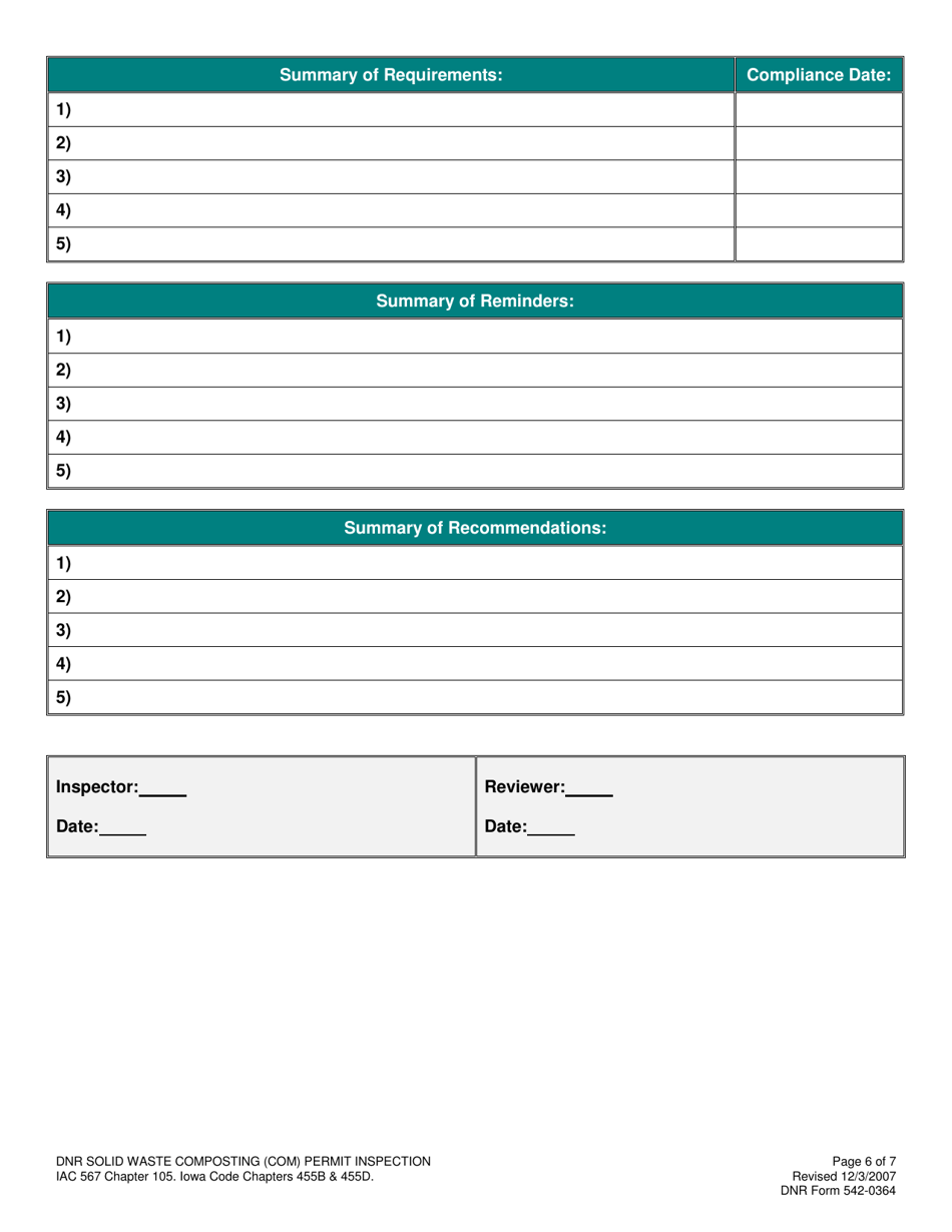 DNR Form 542-0364 Solid Waste Composting (Com) Inspection Form - Iowa, Page 6
