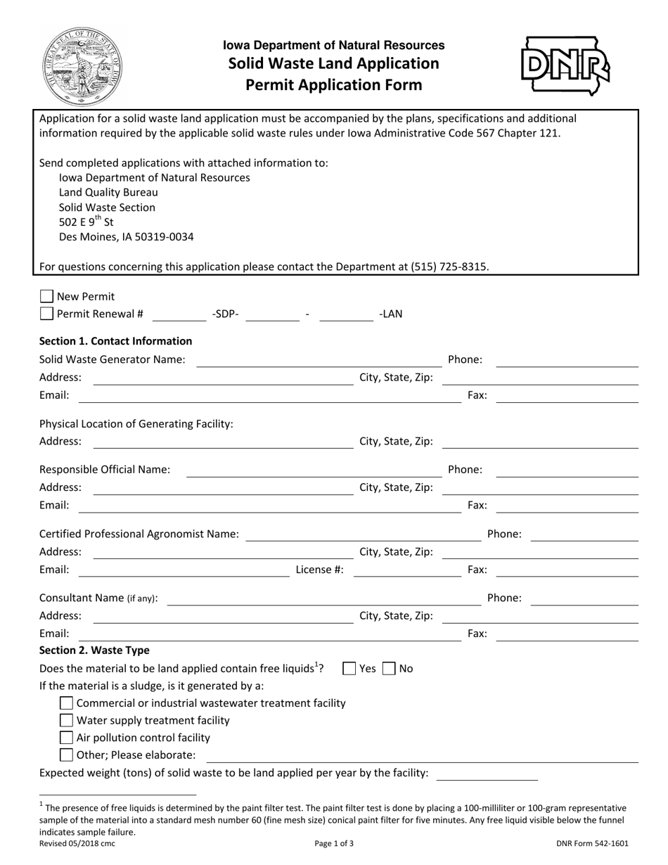 DNR Form 542-1601 Solid Waste Land Application - Iowa, Page 1