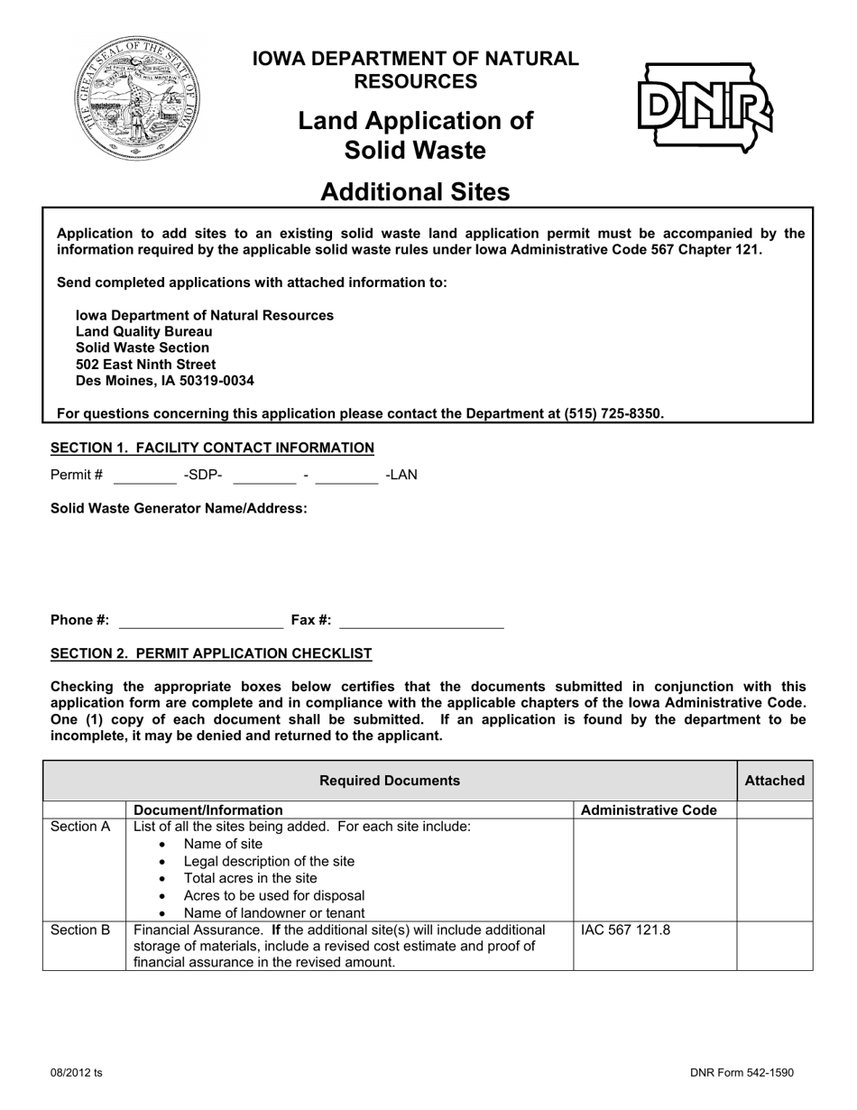 DNR Form 542-1590 Land Application of Solid Waste, Additional Sites - Iowa, Page 1