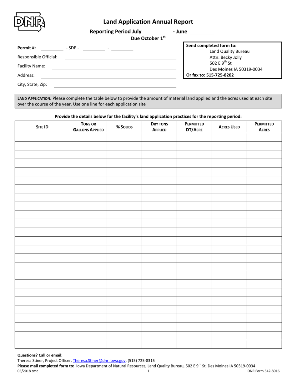 DNR Form 542-8016 Land Application Annual Report - Iowa, Page 1