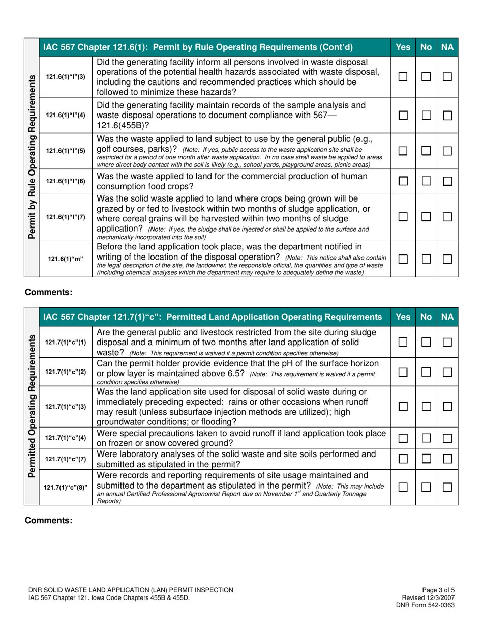 DNR Form 542-0363 Land Application (Lan) Inspection Form - Iowa, Page 3