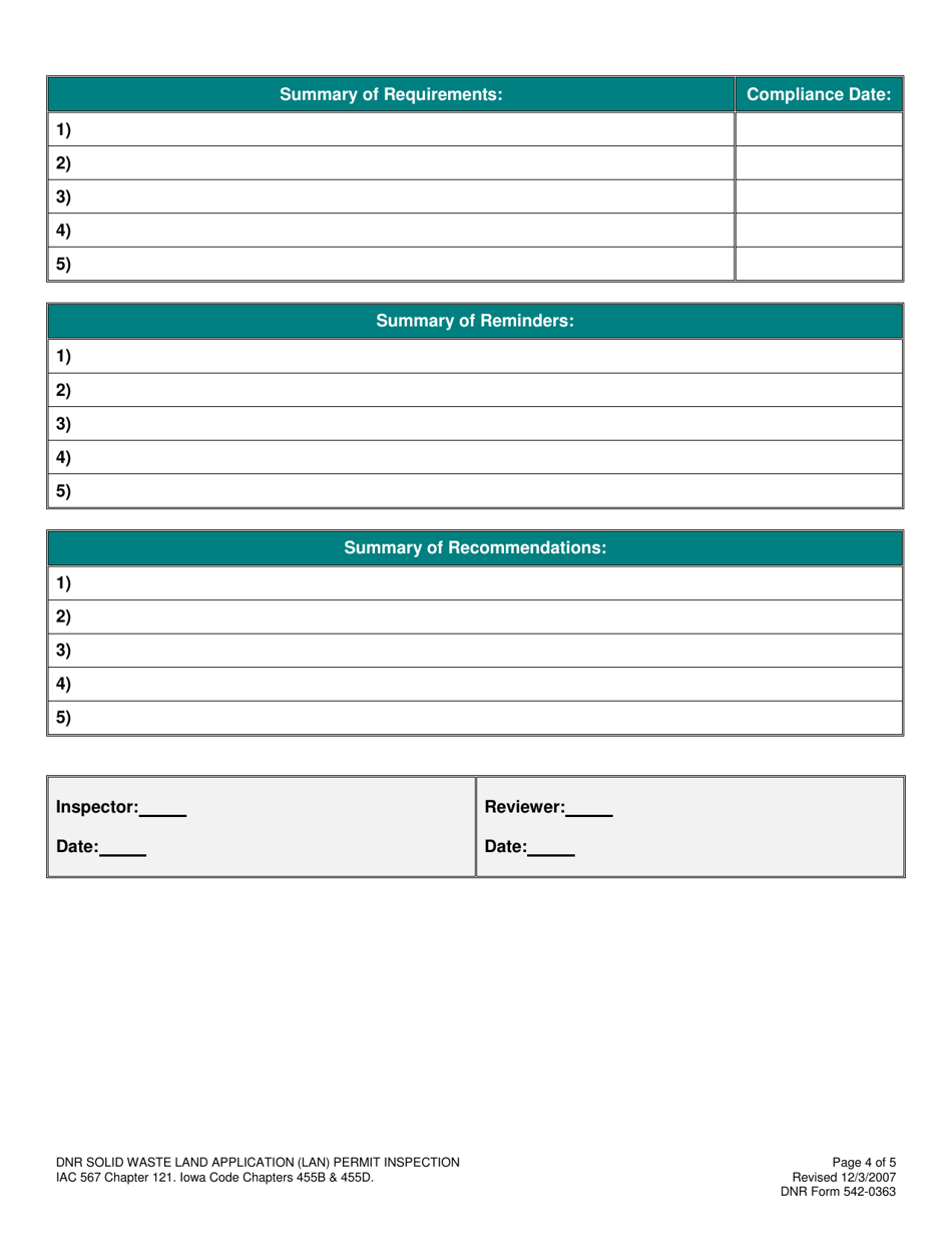DNR Form 542-0363 Land Application (Lan) Inspection Form - Iowa, Page 4