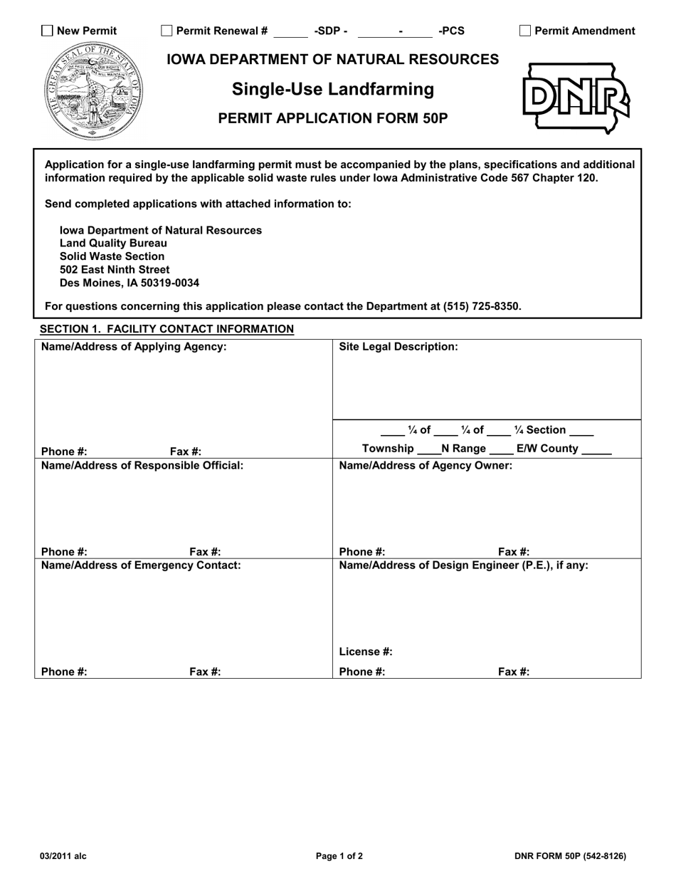 DNR Form 50P Single-Use Landfarming Permit Application - Iowa, Page 1
