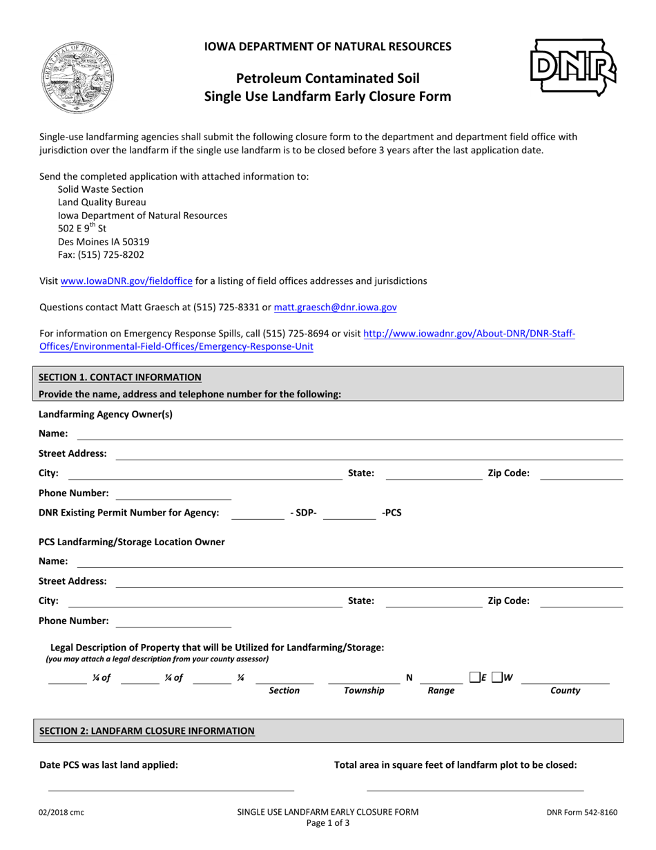 DNR Form 542-8160 Single Use Landfarm Early Closure Form - Iowa, Page 1