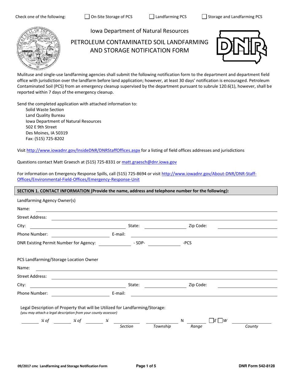 DNR Form 542-8128 Petroleum Contaminated Soil Landfarming and Storage Notification Form - Iowa, Page 1