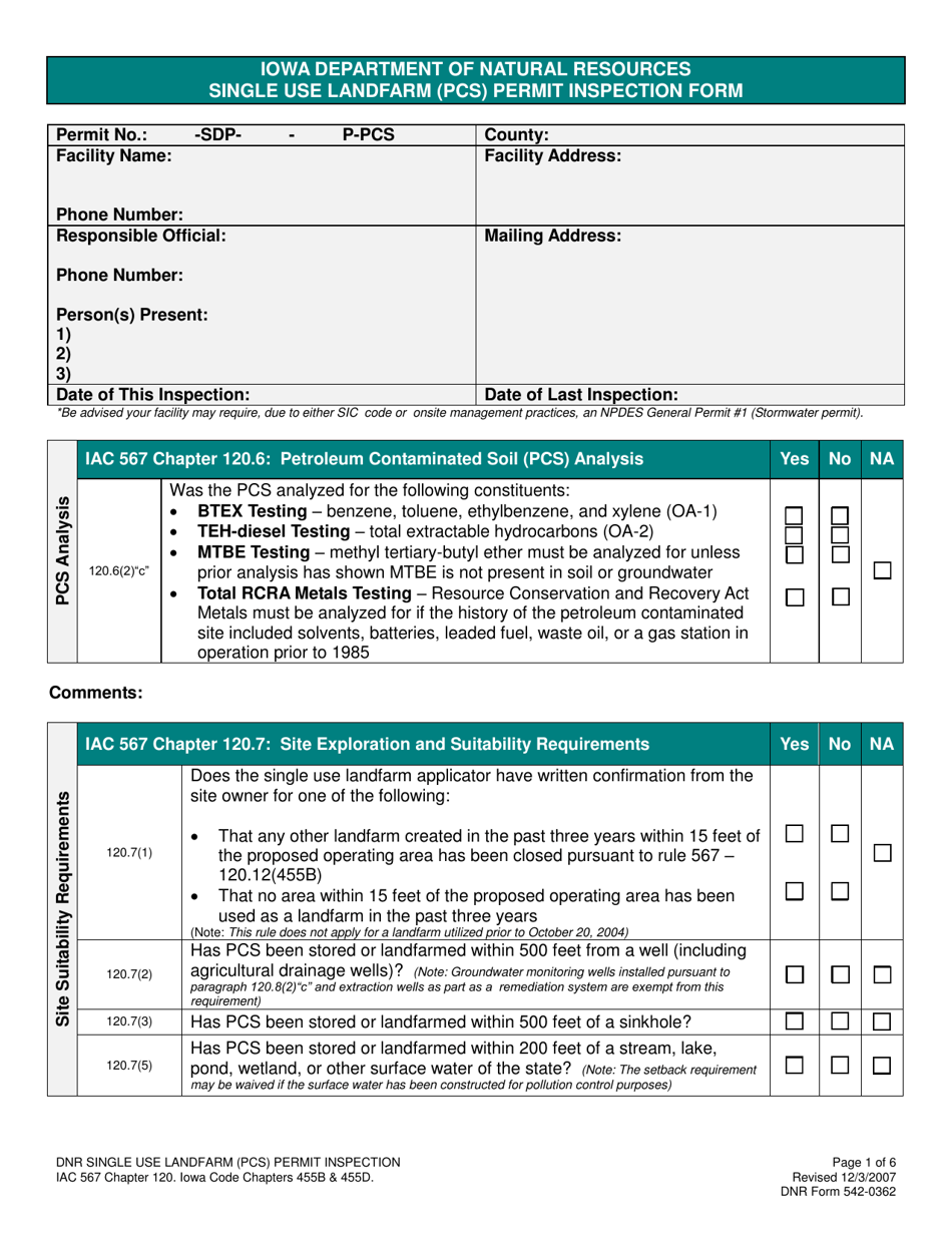DNR Form 542-0362 Single Use Landfarm (PCS) Permit Inspection Form - Iowa, Page 1