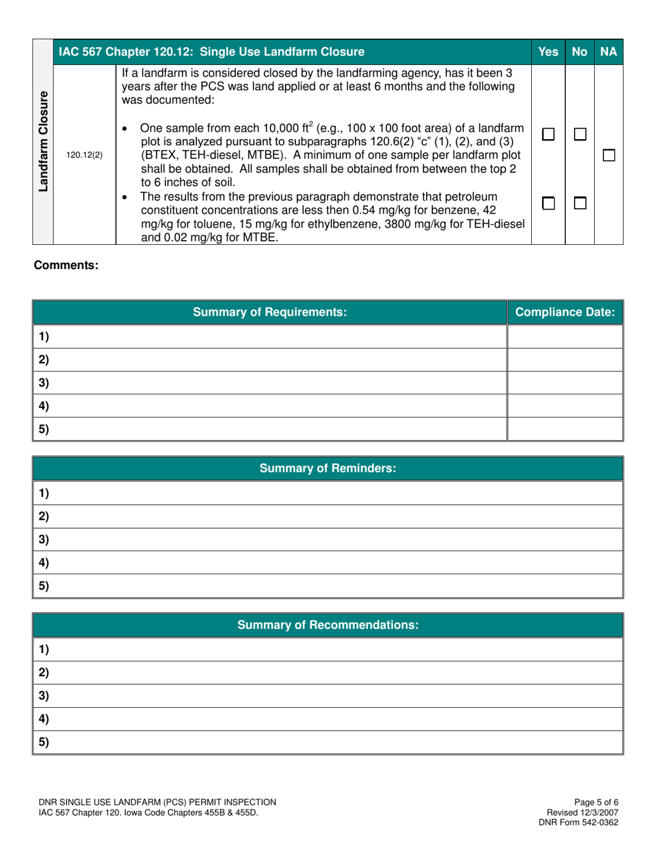 DNR Form 542-0362 Single Use Landfarm (PCS) Permit Inspection Form - Iowa, Page 5
