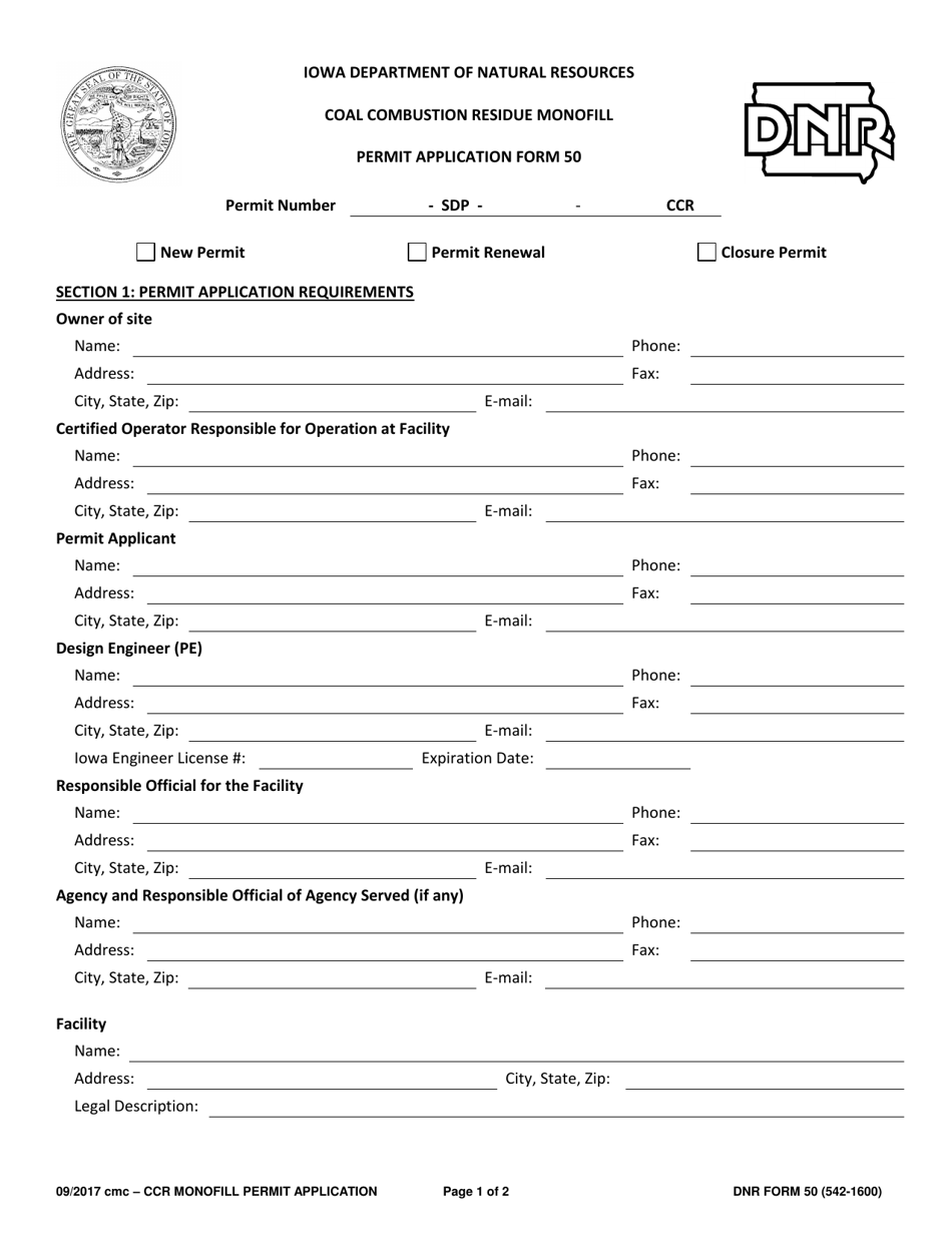 Form 50 (DNR Form 542-1600) Coal Combustion Residue Monofill Permit Application - Iowa, Page 1