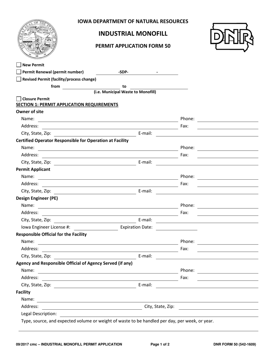 Form 50 (DNR Form 542-1609) Industrial Monofill Permit Application - Iowa, Page 1