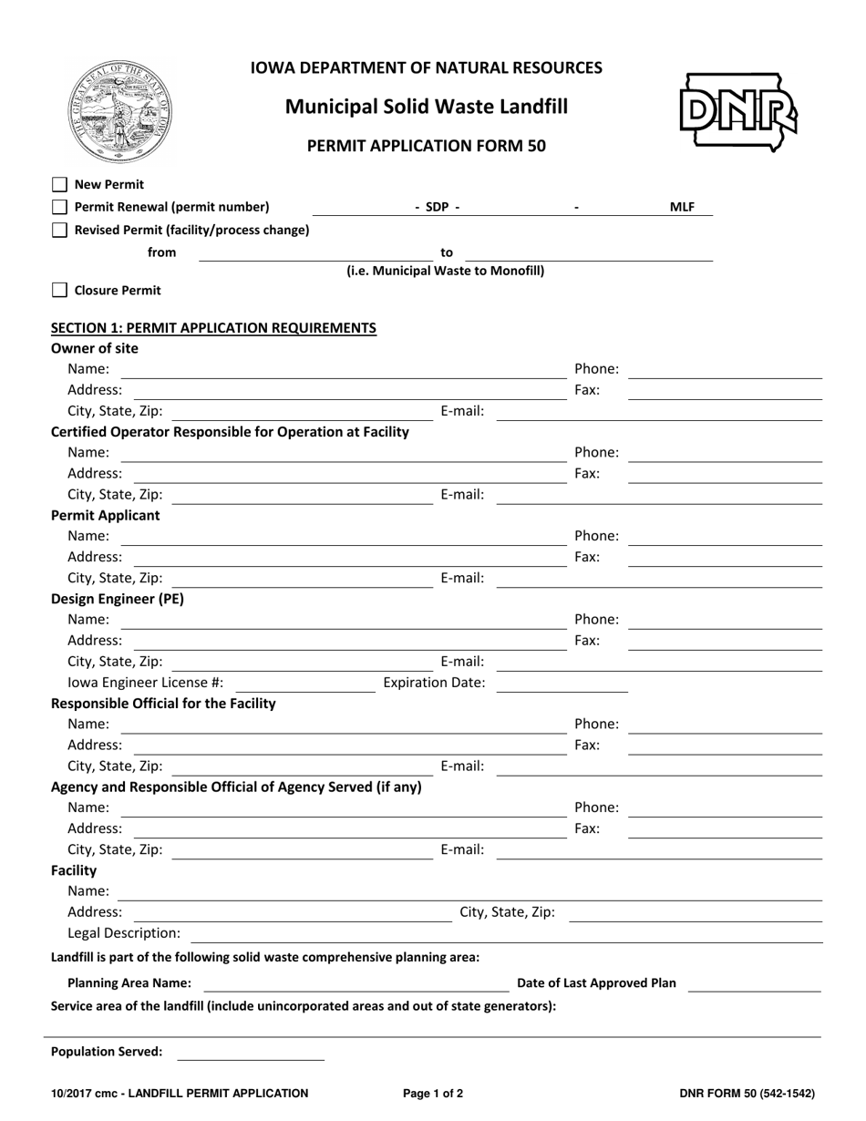 Form 50 (DNR Form 542-1542) Municipal Solid Waste Landfill Permit Application - Iowa, Page 1