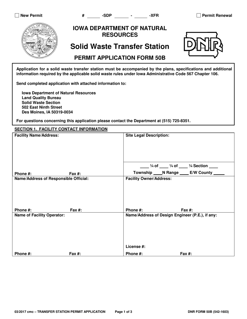 DNR Form 542-1603 (50B) Solid Waste Transfer Station Permit Application - Iowa, Page 1