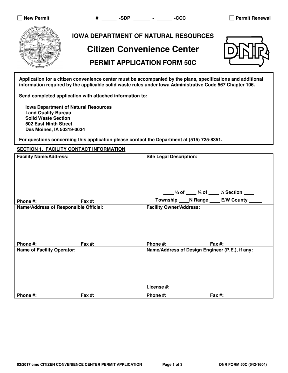 DNR Form 542-1604 (50C) Citizen Convenience Center Permit Application - Iowa, Page 1