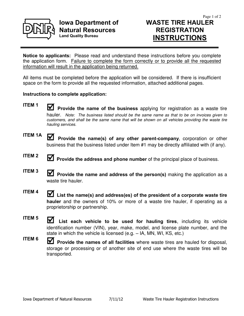 Instructions for DNR Form 542-8089 Waste Tire Hauler Registration Application / Renewal Form - Iowa, Page 1