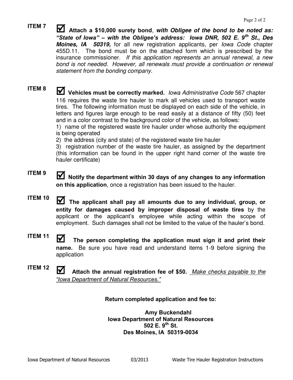 Instructions for DNR Form 542-8089 Waste Tire Hauler Registration Application / Renewal Form - Iowa, Page 2