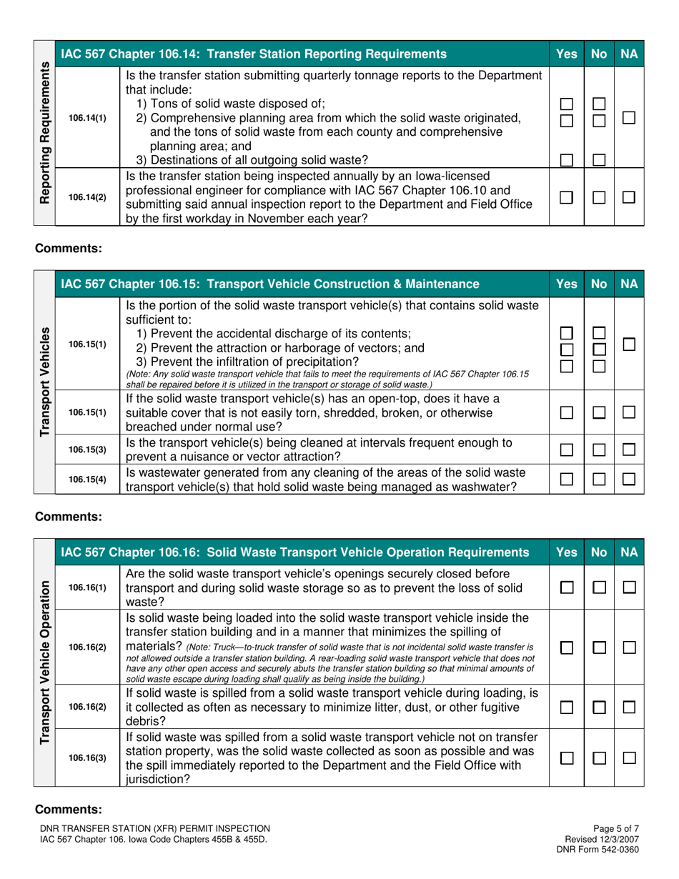 DNR Form 542-0360 Transfer Station (Xfr) Permit Inspection Form - Iowa, Page 5
