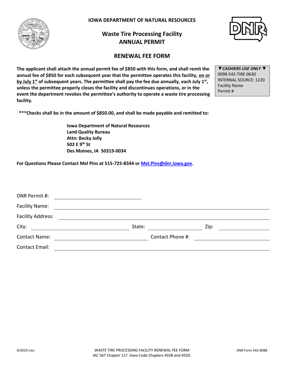DNR Form 542-8088 Waste Tire Processing Facility Annual Permit Renewal Fee Form - Iowa, Page 1