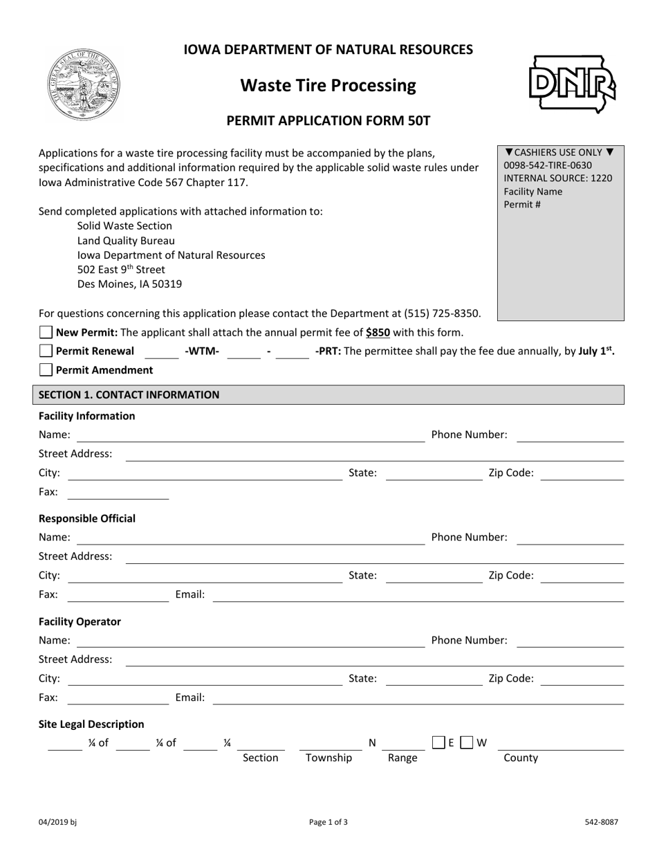 Form 50T (DNR Form 542-8087) Waste Tire Processing - Iowa, Page 1