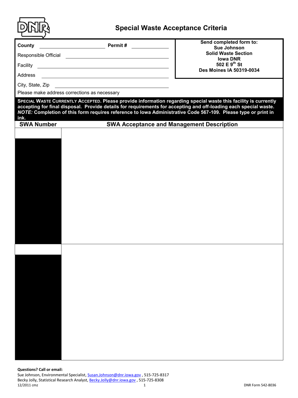 DNR Form 542-8036 Special Waste Acceptance Criteria - Iowa, Page 1