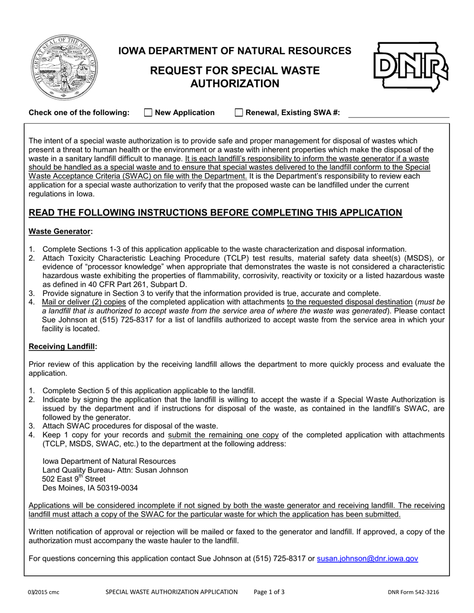 DNR Form 542-3216 Request for Special Waste Authorization - Iowa, Page 1