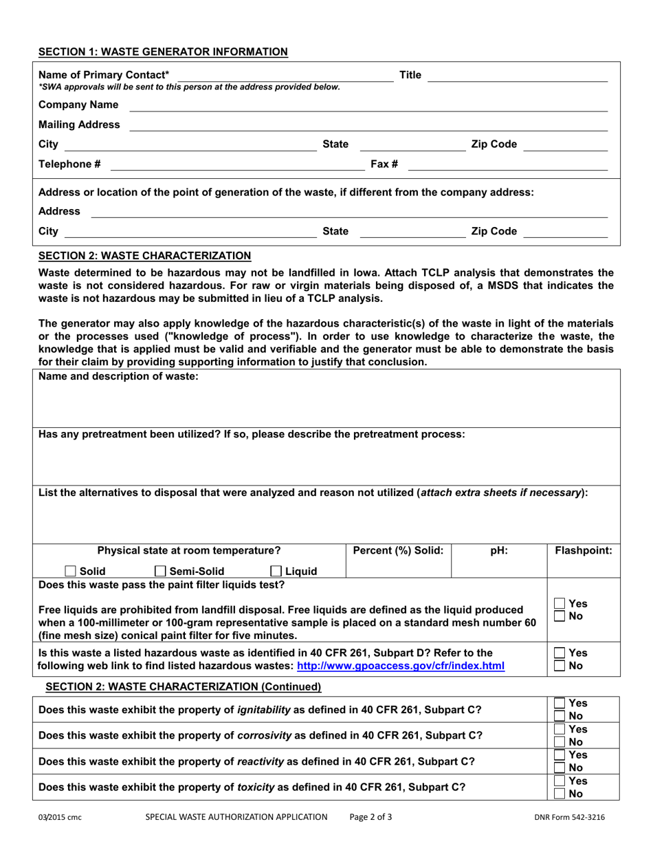 DNR Form 542-3216 Request for Special Waste Authorization - Iowa, Page 2