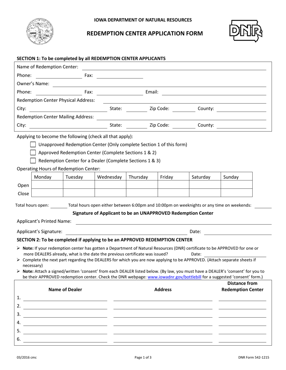 DNR Form 542-1215 Application for Approval of Redemption Center - Iowa, Page 1