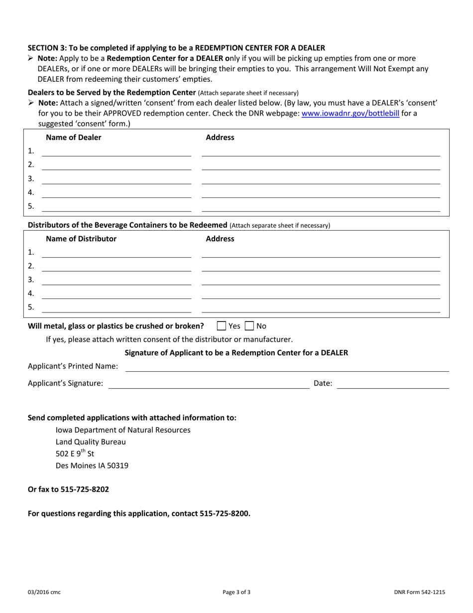 DNR Form 542-1215 Application for Approval of Redemption Center - Iowa, Page 3