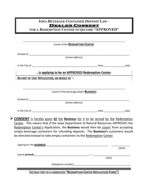 Dealer Consent for a Redemption Center to Become "approved" - Iowa Download Pdf