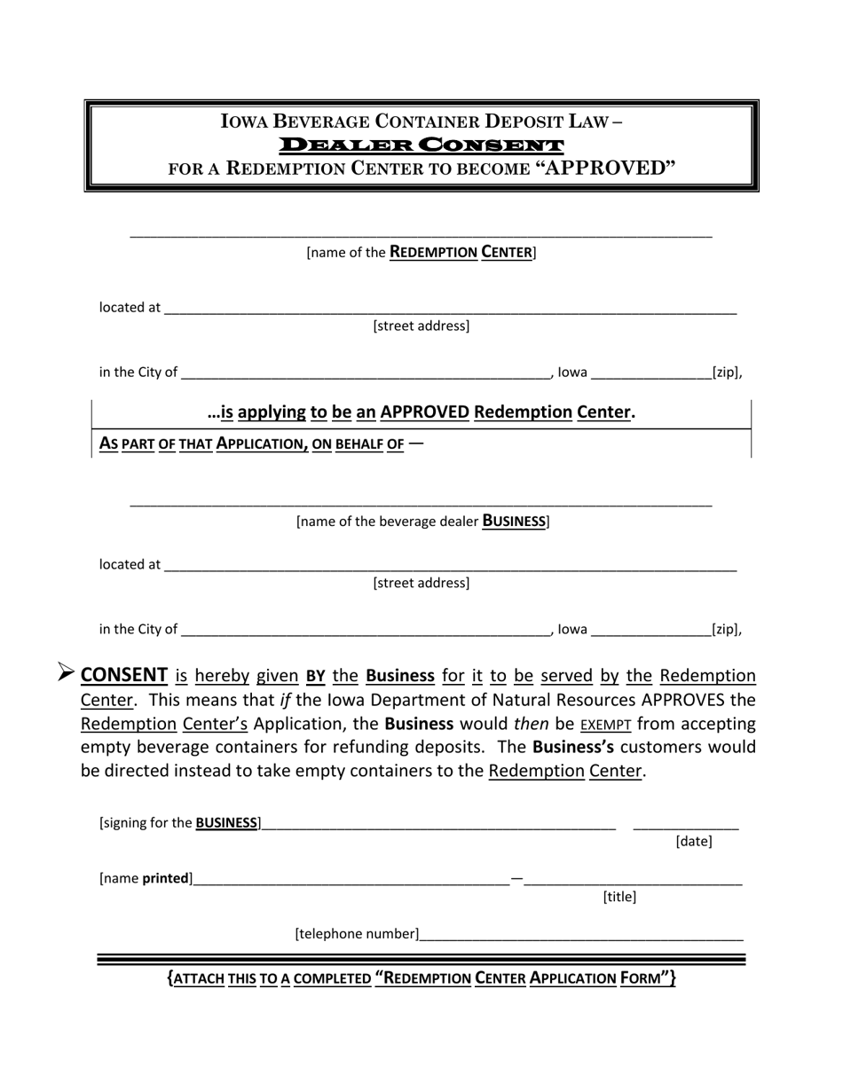 Dealer Consent for a Redemption Center to Become approved - Iowa, Page 1