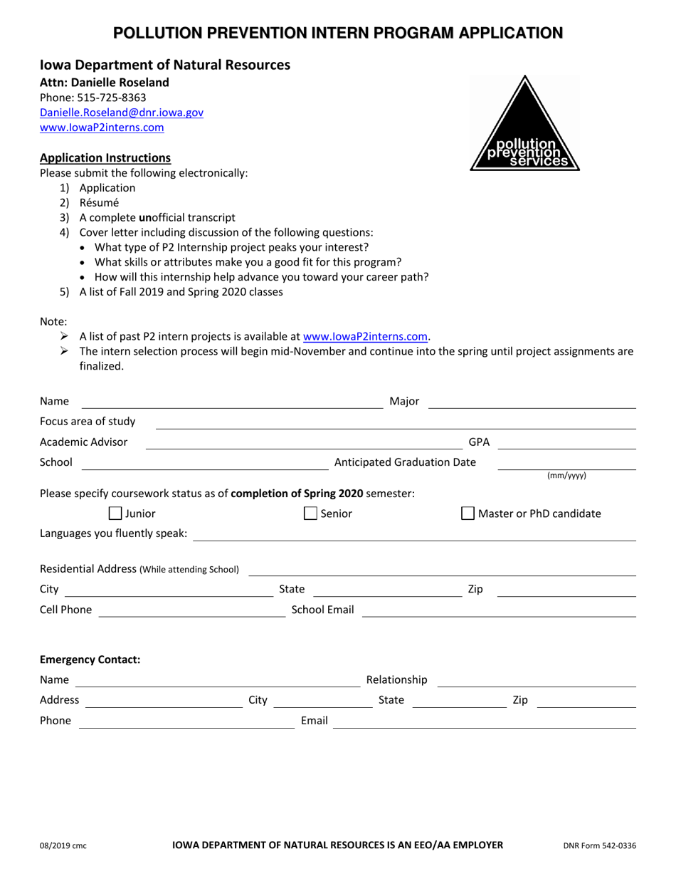 DNR Form 542-0336 Pollution Prevention Intern Program Application - Iowa, Page 1