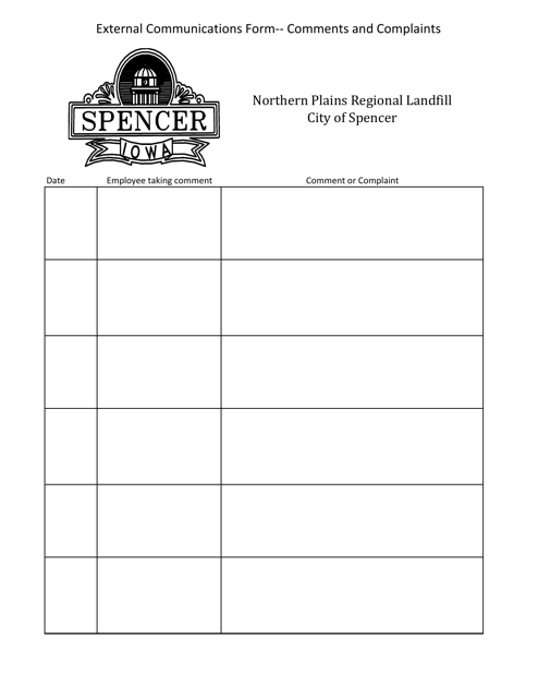 External Communications Form - Comments and Complaints - City of Spencer, Iowa