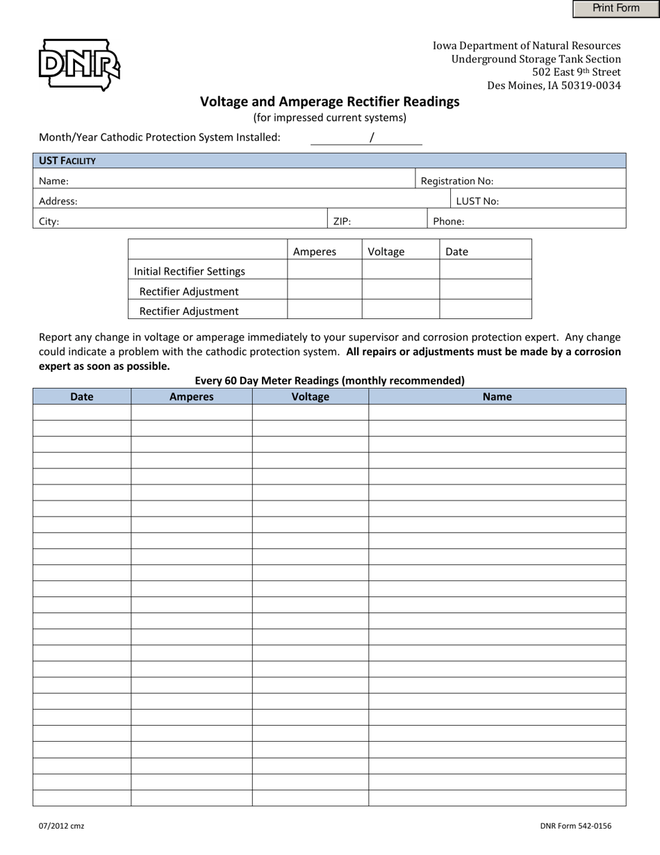 DNR Form 542-0156 Voltage and Amperage Rectifier Readings - Iowa, Page 1