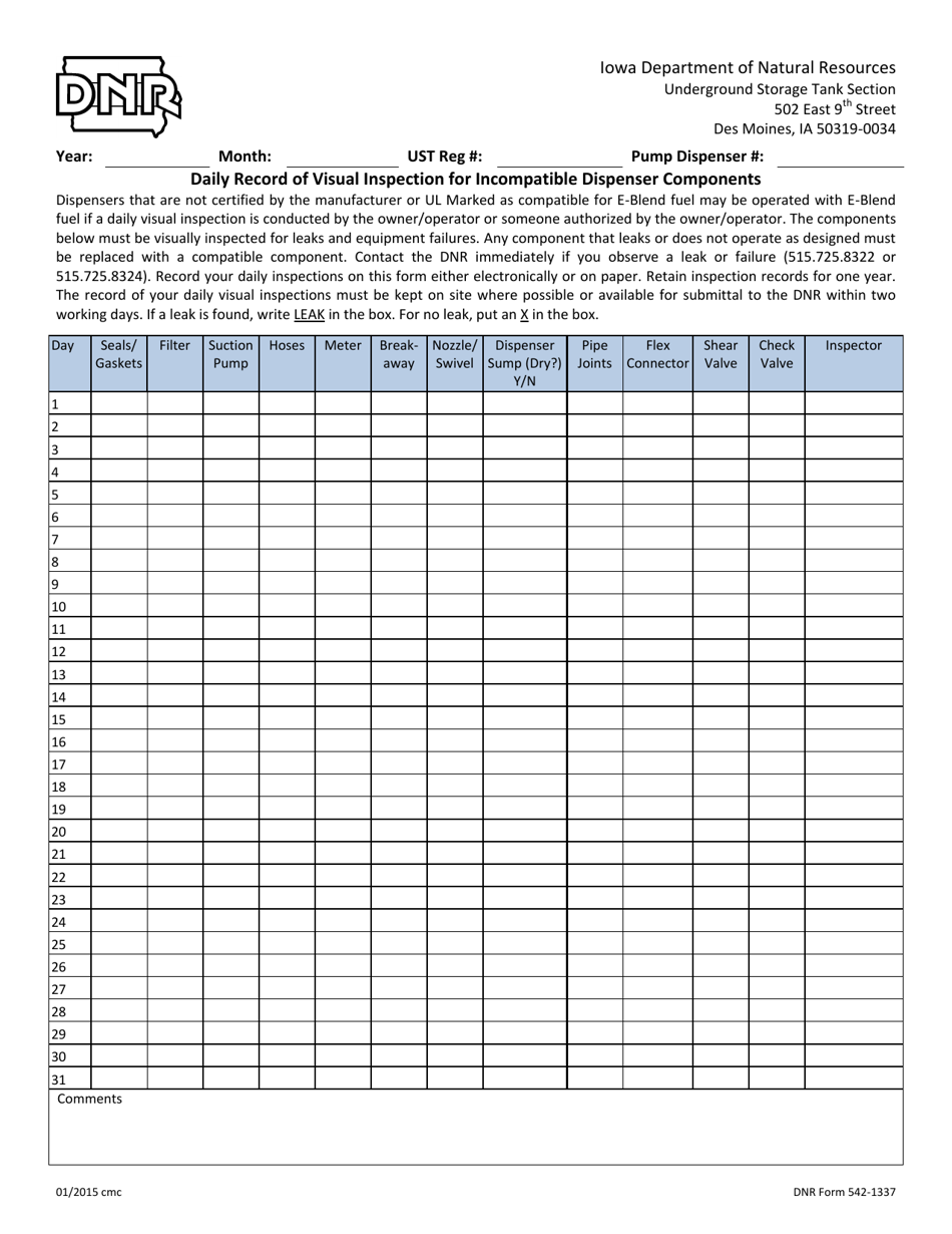 DNR Form 542-1337 Daily Record of Visual Inspection for Incompatible Dispenser Components - Iowa, Page 1