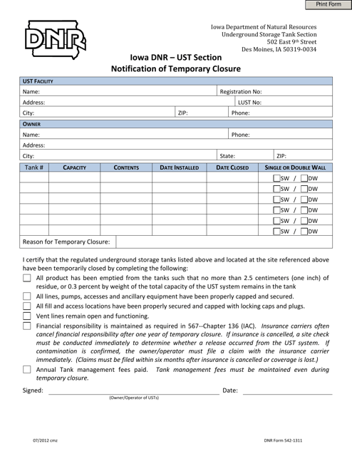 DNR Form 542-1311 Notification of Temporary Closure - Iowa
