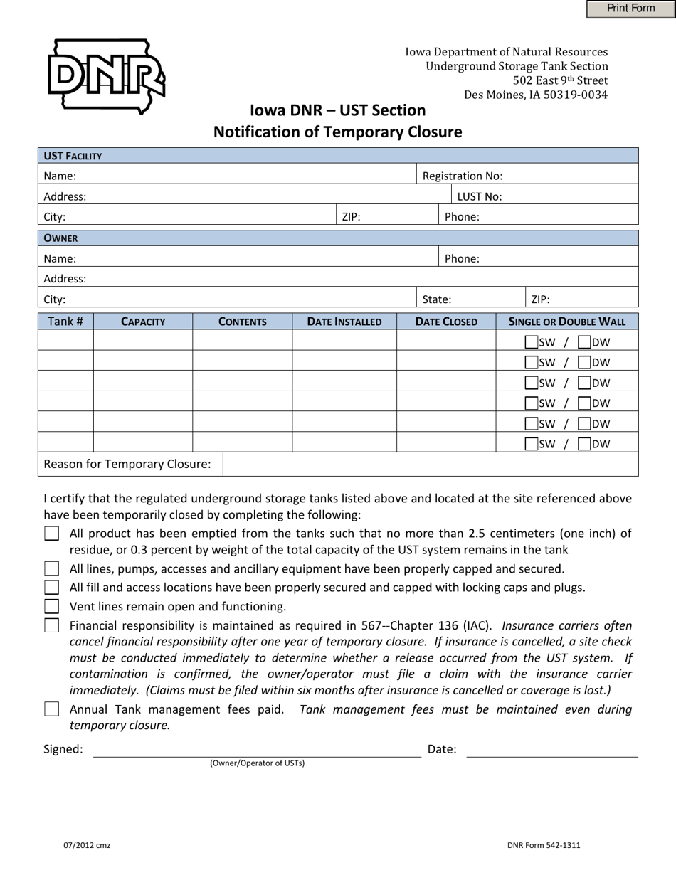 DNR Form 542-1311 Notification of Temporary Closure - Iowa, Page 1