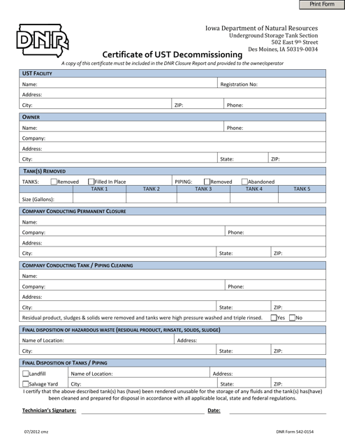 DNR Form 542-0154 Certificate of Ust Decommissioning - Iowa