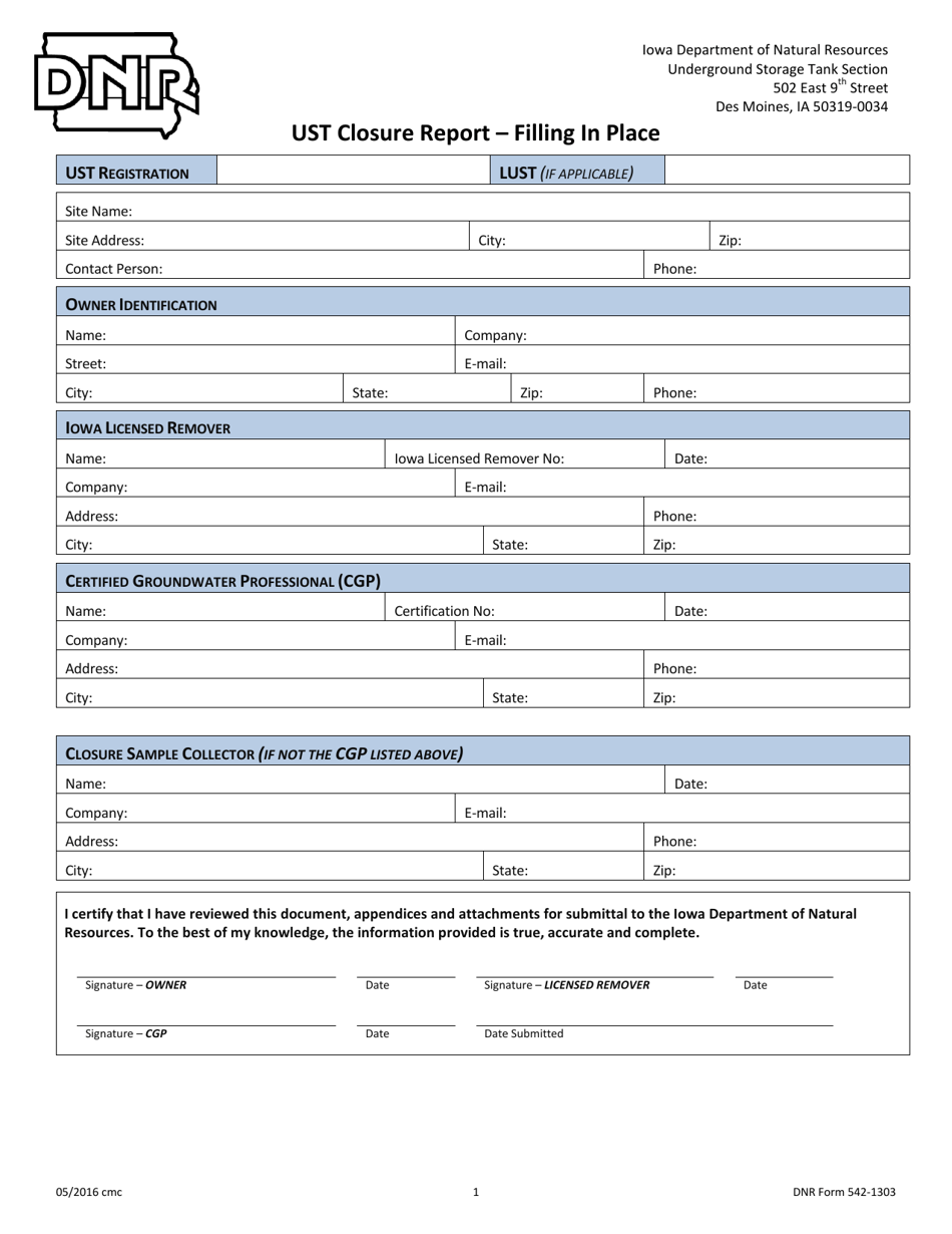 DNR Form 542-1303 Ust Closure Report - Filling in Place - Iowa, Page 1