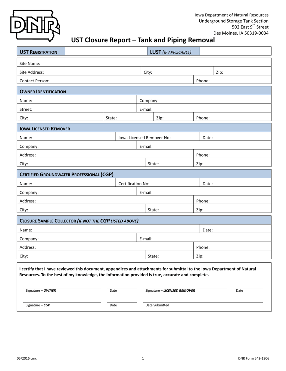 DNR Form 542-1306 Ust Closure Report - Tank and Piping Removal - Iowa, Page 1