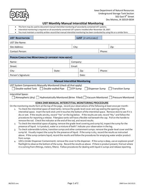 DNR Form 542-0115 Ust Monthly Manual Interstitial Monitoring - Iowa