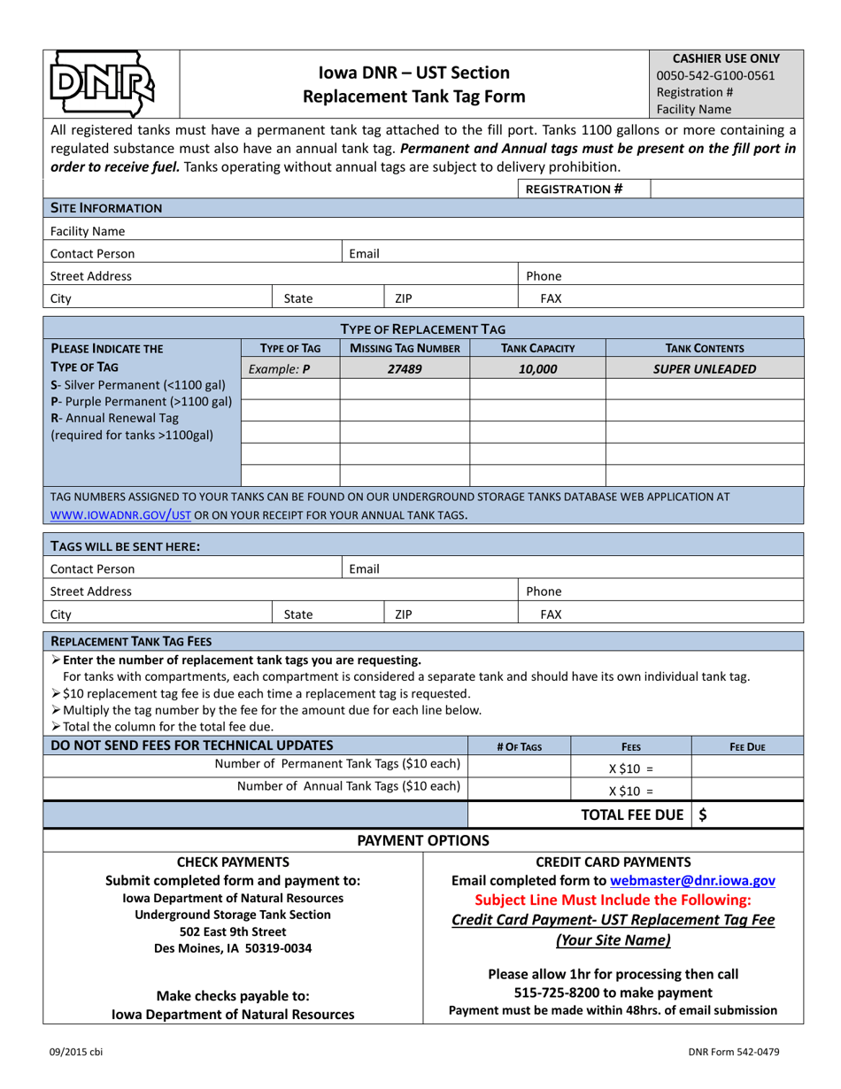 DNR Form 542-0479 Replacement Tank Tag Form - Iowa, Page 1