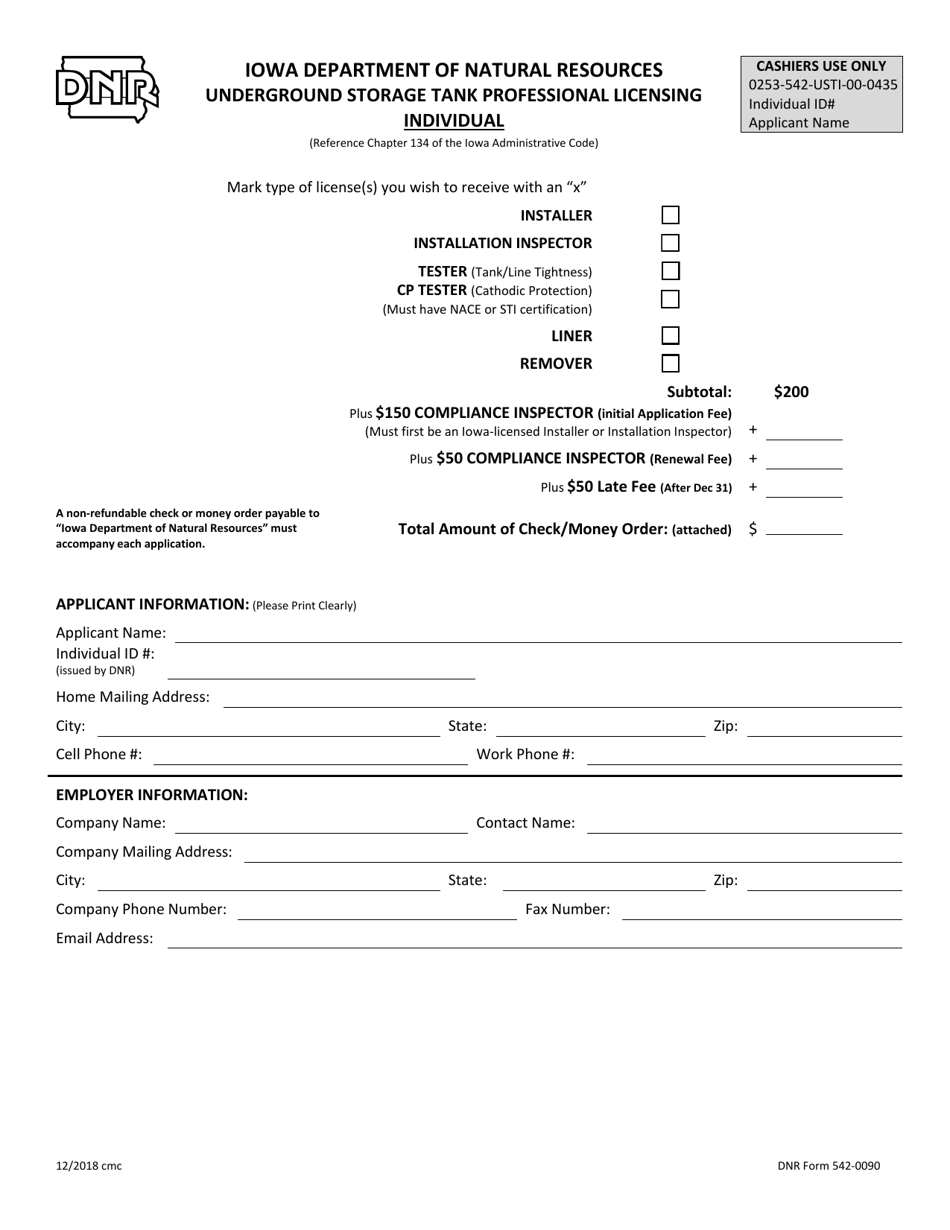 DNR Form 542-0090 Underground Storage Tank Professional Licensing - Individual - Iowa, Page 1