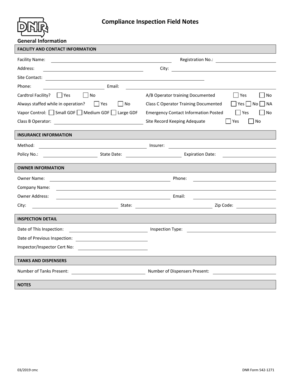 DNR Form 542-1271 Compliance Inspection Field Notes - Iowa, Page 1