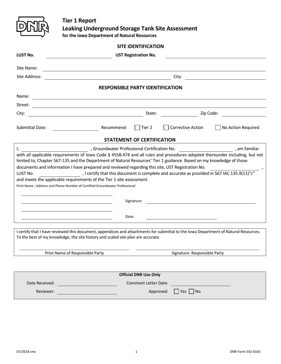 DNR Form 542-0165 Tier 1 Report Leaking Underground Storage Tank Site Assessment - Iowa, Page 1