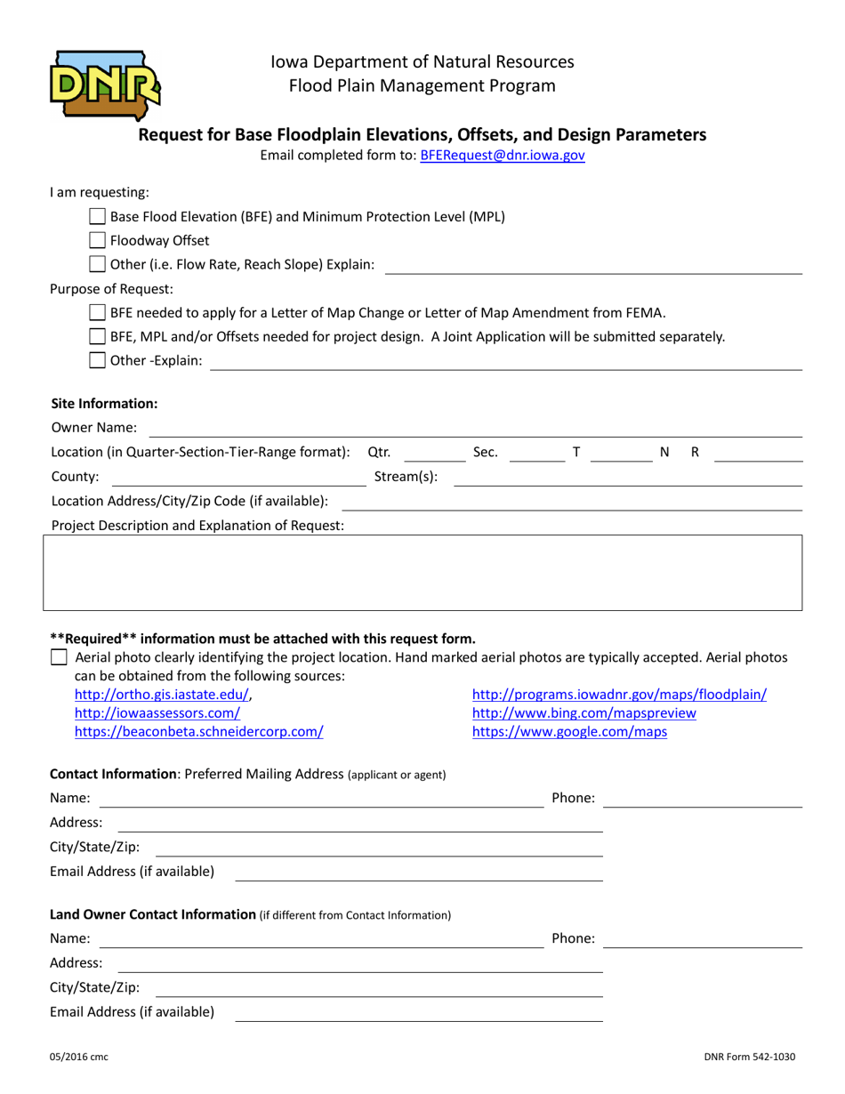 DNR Form 542-1030 Request for Base Floodplain Elevations, Offsets, and Design Parameters - Iowa, Page 1