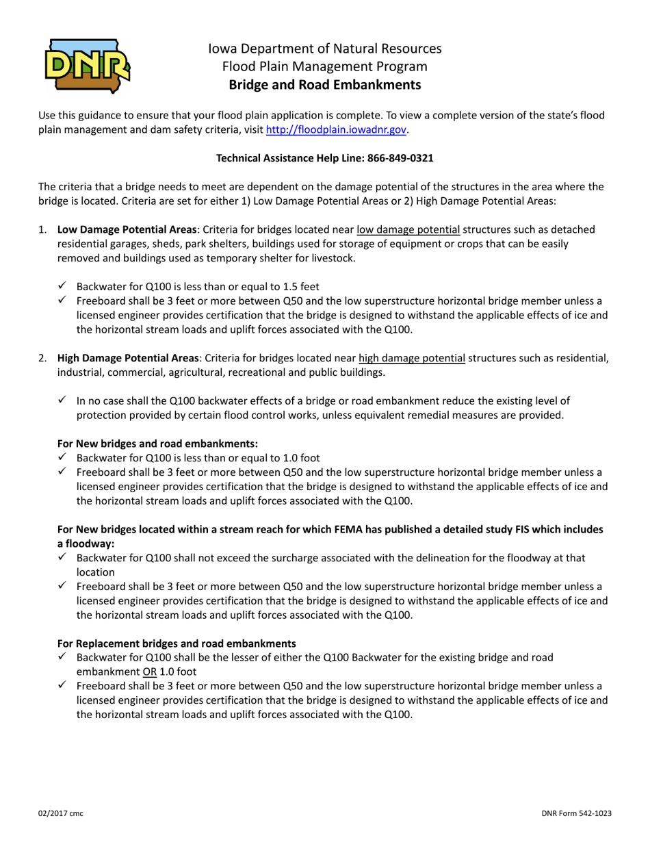 DNR Form 542-1023 Flood Plain Guidance Bridges  Road Embankments - Iowa, Page 1