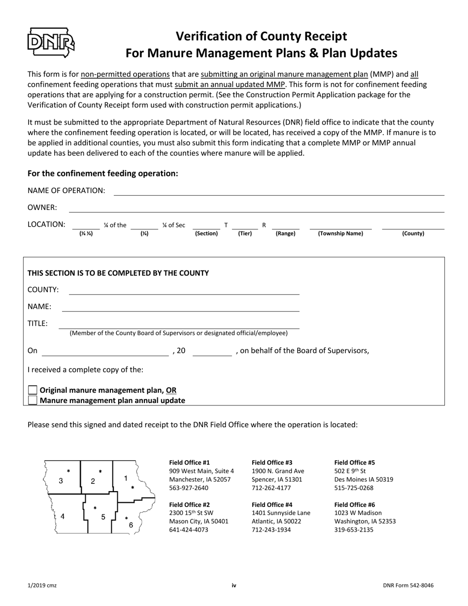 DNR Form 542-8046 Verification of County Receipt for Manure Management Plans  Plan Updates - Iowa, Page 1