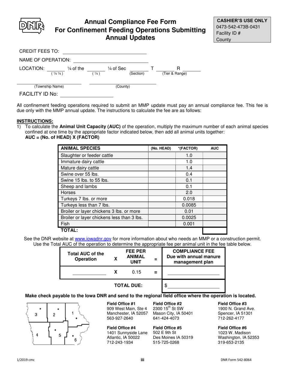 DNR Form 542-8064 Annual Compliance Fee Form for Confinement Feeding Operations Submitting Annual Updates - Iowa, Page 1