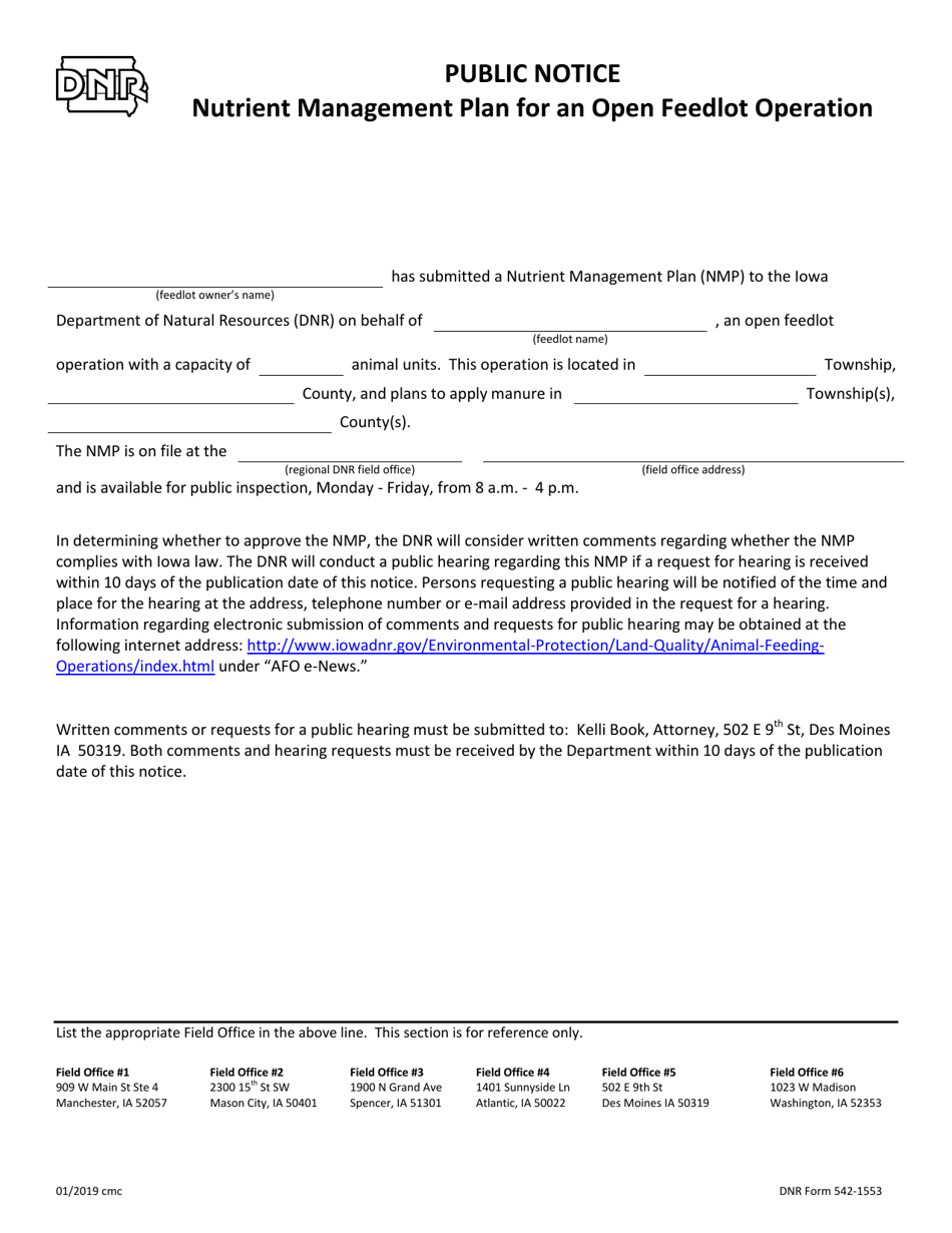 DNR Form 542-1553 Public Notice - Nutrient Management Plan for Open Feedlot Operation - Iowa, Page 1