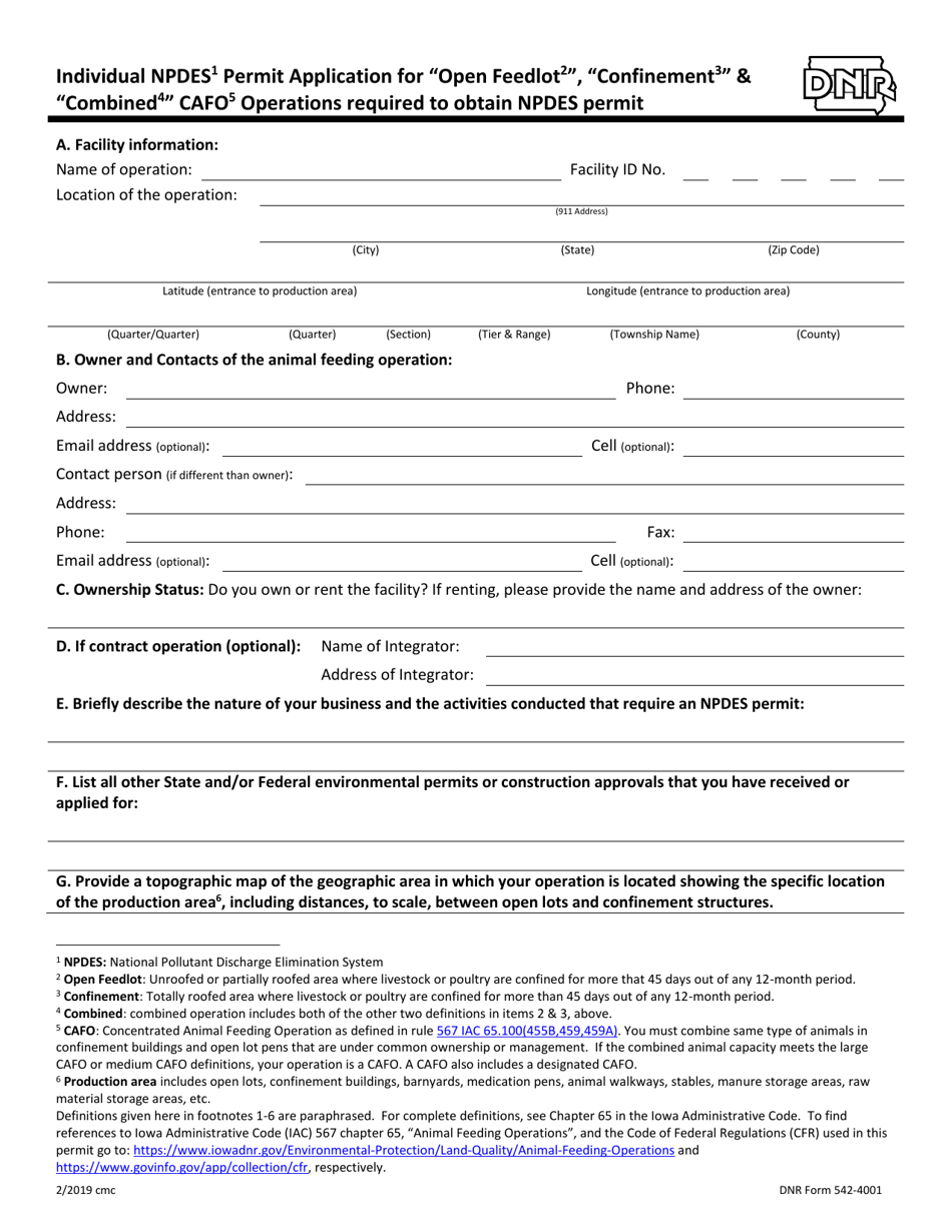 DNR Form 542-4001 Individual Npdes Permit Application for open Feedlot, confinement  combined Cafo Operations Required to Obtain Npdes Permit - Iowa, Page 1
